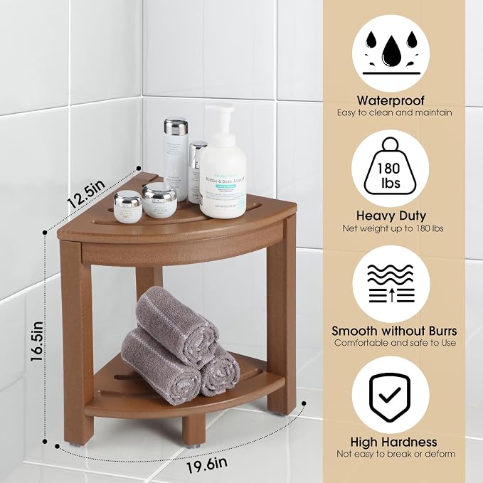 Apolimi HDPE Corner Shower Stool,Shower Bench Seat with Storage Shelf for Shaving Legs Plastic Spa Bath Step Foot Rest for Bathroom Small Place (Teak)