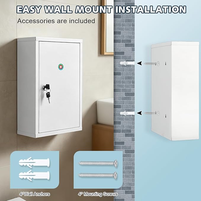 KYODOLED Wall Mount Locking Medicine Cabinet, Large Capacity First Aid Cabinet for Bathroom, Medicine Cabinet with Key, Secure Steel Lock Box for Medication, 15.75" H x 11.82" W x 4.72" D, White