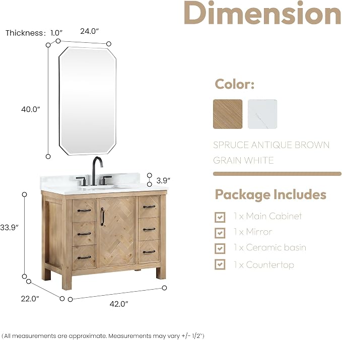 Javier 42" Single Bath Vanity in Antique Brown with Composite Stone Top and Mirror