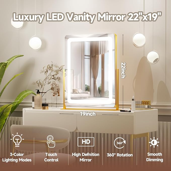 PRIMETEK Vanity Mirror with Lights, 19"x22" Large Makeup Mirror with Lights, LED Lighted Makeup Mirror, Touch Screen with 3-Color Lighting, Dimmable for Vanity Desk Tabletop, Bedroom, Gold