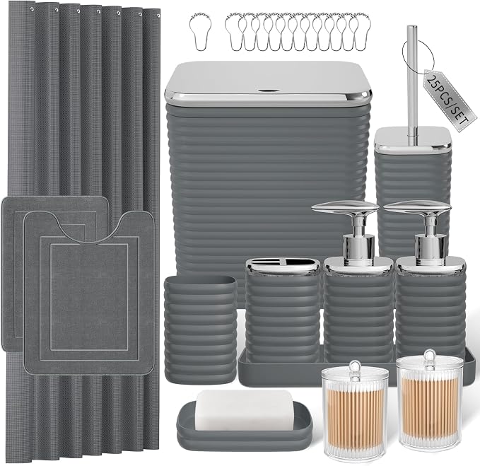 Bathroom Set - 25PC Bathroom Sets with Shower Curtain and Rugs, Grey Bathroom Set, Bathroom Accessory Set, Luxury Bathroom Accessories Set, Trash Can, Toilet Brush, Soap Dish & Soap Dispenser