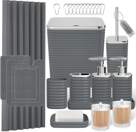 Bathroom Set - 25PC Bathroom Sets with Shower Curtain and Rugs, Grey Bathroom Set, Bathroom Accessory Set, Luxury Bathroom Accessories Set, Trash Can, Toilet Brush, Soap Dish & Soap Dispenser