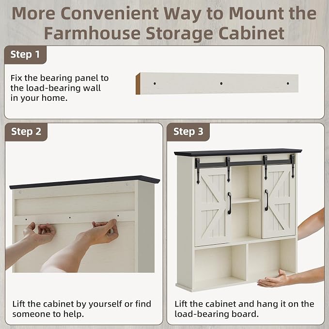 Vabches Bathroom Wall Cabinet, Farmhouse Medicine Cabinet, White and Black | Wooden Vintage Storage Cabinet Wall Mounted with Double Sliding Barn Door and Adjustable Shelf for Bathroom, Kitchen