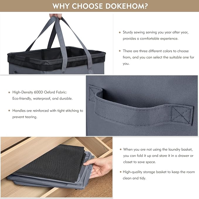 DOKEHOM 90L X-Large Rolling Laundry Basket Hamper on Wheels, Grey | Collapsible clothes hamper with removable mesh wash bag. High-capacity foldable washing bin organizer
