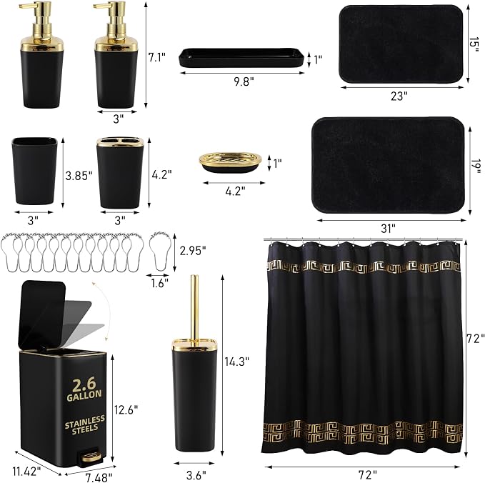 XLHOMO Bathroom Sets with Shower Curtain and Rugs Black Bathroom Accessories Bathroom Set,Soap Dispenser & Toilet Brush Holder Set with Stainless Steel Trash Can