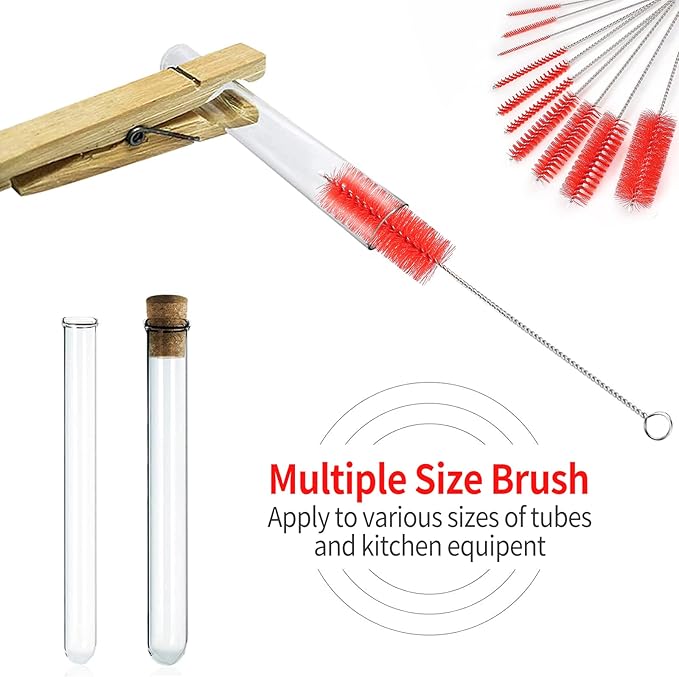 CiaraQ Bottle Cleaning Brushes, 8 Inch Nylon Tube Brush Set | Red Cleaner for Narrow Neck Bottles Cups with Hook, Set of 10pcs.