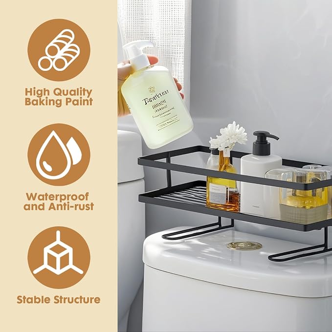 ShellKingdom Over the Toilet Storage Shelf, Toilet Paper Holder Stand Rack | Punch-Free Bathroom Storage Rack with 2 Hooks, Small Space Organizers for Bathroom, Home, Black