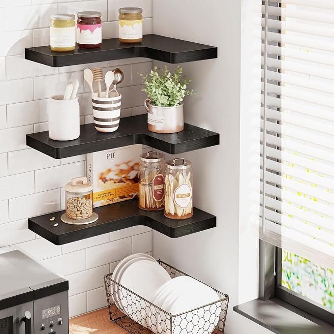 Fixwal Corner Floating Shelves for Wall Mounted Natural Solid Wood 16"x11.4" Farmhouse Home Decor Display Shelving Set of 3 (Black)