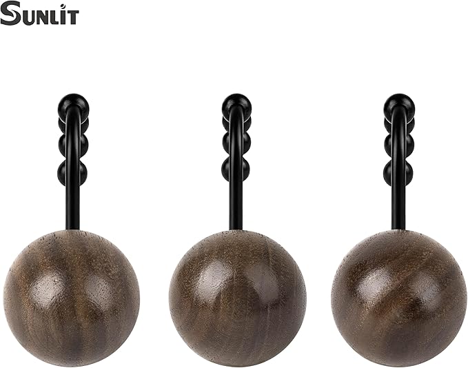 Sunlit Boho Wood Beads Decorative Shower Curtain Hooks, Shower Curtain Rings with Roller Balls, Farmhouse Bathroom Decoration Curtain Hangers Accessories, Set of 12, Walnut Wood