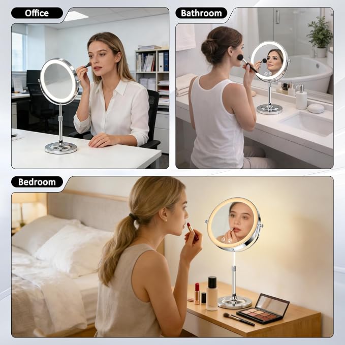 9" Makeup Mirror with Lights,5000mAh Rechargeable Vanity Mirror,1X/10X Double Sided Magnifying Mirror with Adjustable Height, 3 Colors Stepless Dimming Lighted Makeup Mirror,Women Gift