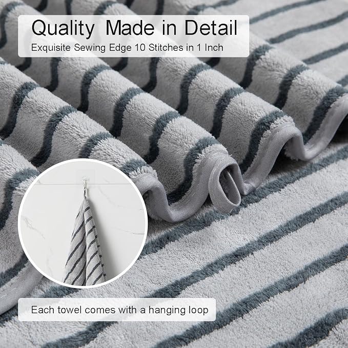 4 Piece Grey Cabana Stripe Large Bath Towels Oversized Bath Sheet Super Soft Breathable Jumbo Bathroom Towels Highly Absorbent Shower Towel Quick Dry Beach Chair Towel Spa Gym Hotel Towel Set
