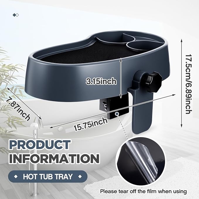 1 Pc Hot Tub Table Tray, Adjustable Aboveground Bathtub Tray with 2 Cup Holder, Between 2'' to 7.5'' Nonslip Hot Tub Accessories Shelf Drinks Snacks Phone Holder for Spa Bathtub (Navy Blue)