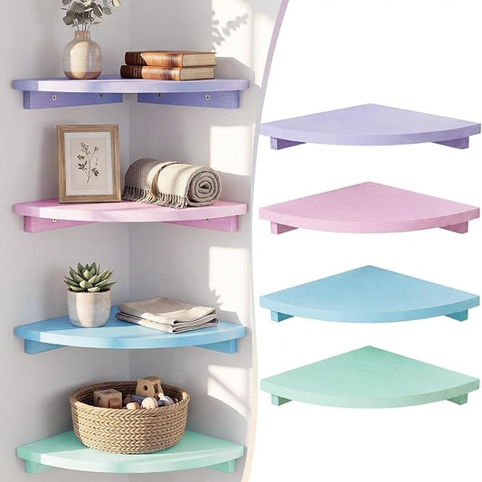 RattanView Corner Floating Shelves Set of 4 Macaron Corner Shelf Wall Mount | 9.8inch Colorful Rounded Shelves for Bathroom Bedroom Kitchen, Cute Wood Corner Shelves for Small Spaces Apartment Decor