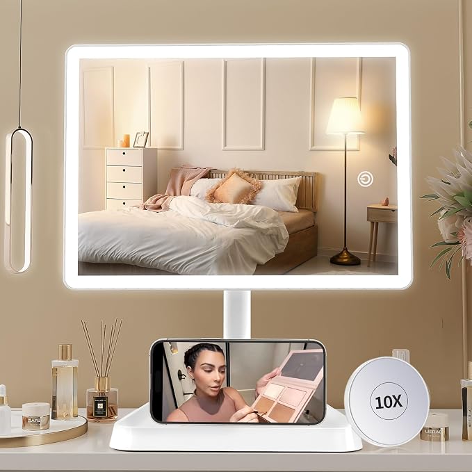 FUNTOUCH 4500mAh Large Makeup Vanity Mirror with Lights & 96 LED,White | Rechargeable Lighted Makeup Mirror with 10x Magnifying Mirror,3 Color Lighting 360°Rotation Touch Dimmable with Phone Holder