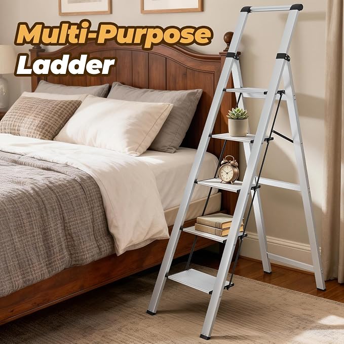 HBTower 5 Step Ladder, Lightweight Aluminum Folding Step Stool | Anti-Slip Wide Pedal, 330lbs Capacity Step Ladder for Household Kitchen Office, Light Silver