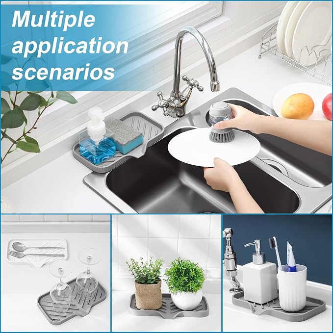 Silicone Kitchen Soap Tray, Sink Tray,Grey, [Size: 9.5 x 5 inch] | Sponge Holder for Kitchen Counter Soap Bottles and Organizer with Drain Spout