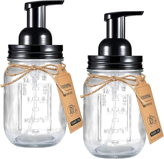 Amolliar Mason Jar Foaming Soap Dispenser, 16oz Hand Dispenser, Black 2Pack | Rustproof Stainless Steel Lid Plastic Soap Pump, Rustic Farmhouse Decor, Refill Foam Hand Soap Dispenser for Bathroom Kitchen
