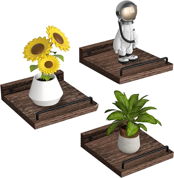 RYOFOBETTO Small Floating Shelf, 6X6 Inches Farmhouse Wall Shelves for Living Room, Bedroom, Picture Frames, Plants, Kitchen, Set of 3 (Brown)