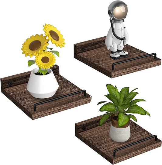 RYOFOBETTO Small Floating Shelf, 6X6 Inches Farmhouse Wall Shelves for Living Room, Bedroom, Picture Frames, Plants, Kitchen, Set of 3 (Brown)