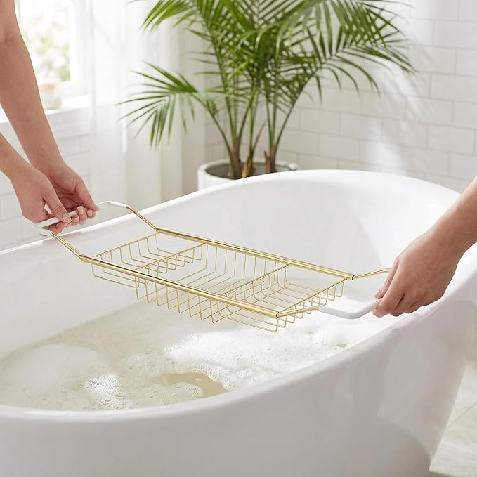 Cabilock Luxury Stainless Steel Bathtub Caddy Tray - 24.8in Expandable Modern Bath Rack for Tub with Wine Glass & Book Holder - Rustproof Shower Organizer & Tablet Stand for Home Spa, Gold