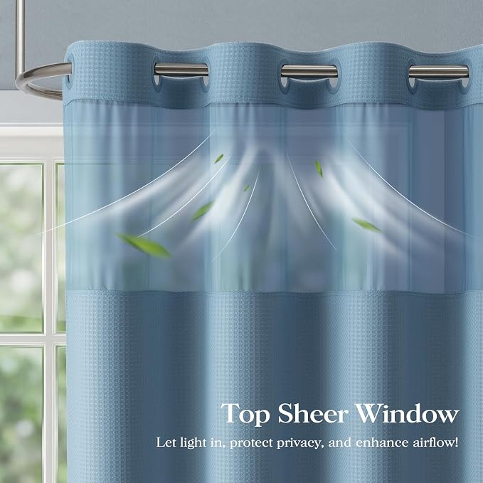 Moonlight Blue Hook Free Waffle Shower Curtain & Snap Liner,72x87 | Less Time to install, 3 in 1 Fabric Shower Curtain and Liner Set with Magnets, Extra Long, Shower Curtains for Bathroom