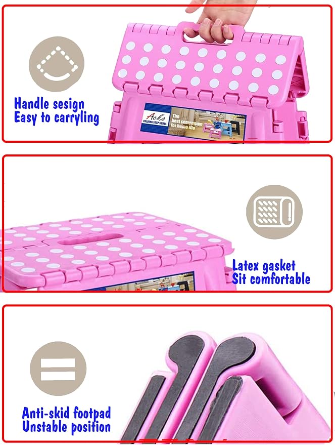ACKO Folding Step Stool - 13 inch Height Premium Heavy Duty Foldable Stool for Kids and Adults, Kitchen Garden Bathroom Stepping Stool (Pink) | Heavy Duty Collapsible Foot Stepping Stool, Holds 300 lbs Non-Slip for Kids Kitchen Bathroom Outdoor, with B...
