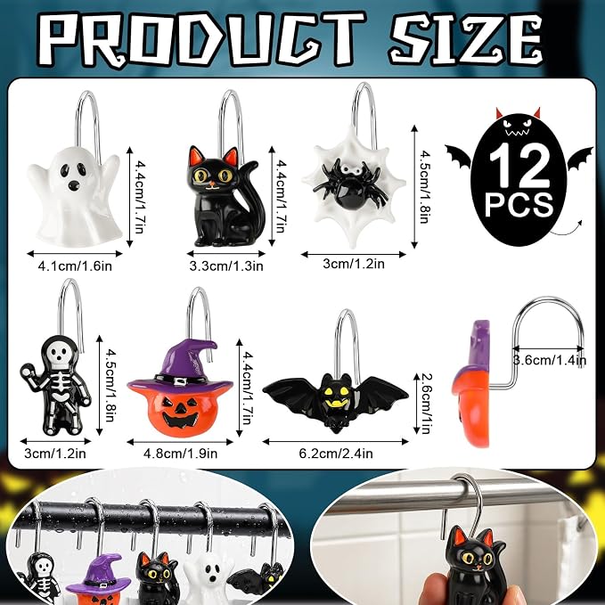 Halloween Shower Curtain Hooks 12 Pcs Ghost Pumpkin Decor Set | Resin Metal Standard Size, Smooth Gliding Rustproof, Bat Skull Spider Cat Designs, Bathroom Festive Home Accents