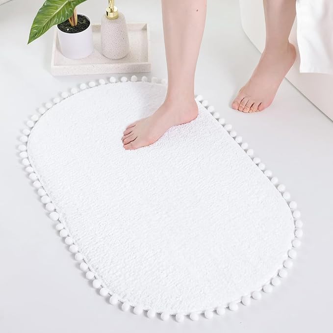 YIRDDEO Oval Rug for Bathroom, Cute Boho Bath Mat with Pom, White | Soft Plush, Absorbent, Quick Dry, Machine Washable, Non Slip Bath Mat for Bathroom Shower Floor Home Decor