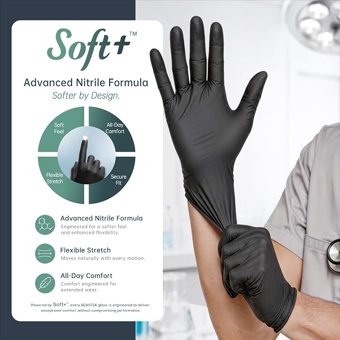 Black Nitrile Exam Gloves, 4 Mil, Powder-Free Food Prep Disposable | Soft+ • Powder-Free • Latex-Free • Medical • Examination • Cooking • Cleaning • Food Prep • Tattoo • Black • 100 Ct & 1000 Ct