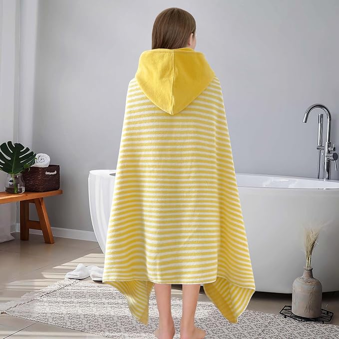 VOOVA & MOVAS Big Kids Hooded Beach Wrap, 8+, 100% Cotton,Yellow White | Yellow Stripe Design, Soft, Absorbent & Quick Dry, Ideal for Girls’ Bath, Beach and Pool Use