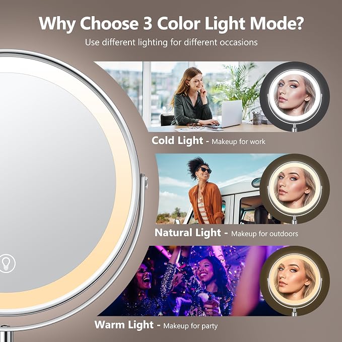 UBYMET Lighted Makeup Mirror, Rechargeable Height Adjustable Double Sided, 1x/10x Magnifying with 3 Color, Brightness Adjustable, 360° Rotation Vanity, Gift for Women