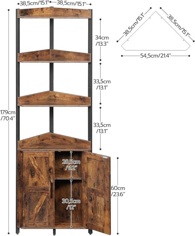 HOOBRO Corner Shelf with Storage, Tall Corner Cabinet, 5-Tier Bookshelf Stand, Storage Cabinet with Protective Fence, for Living Room, Rustic Brown and Black BF78CJ01