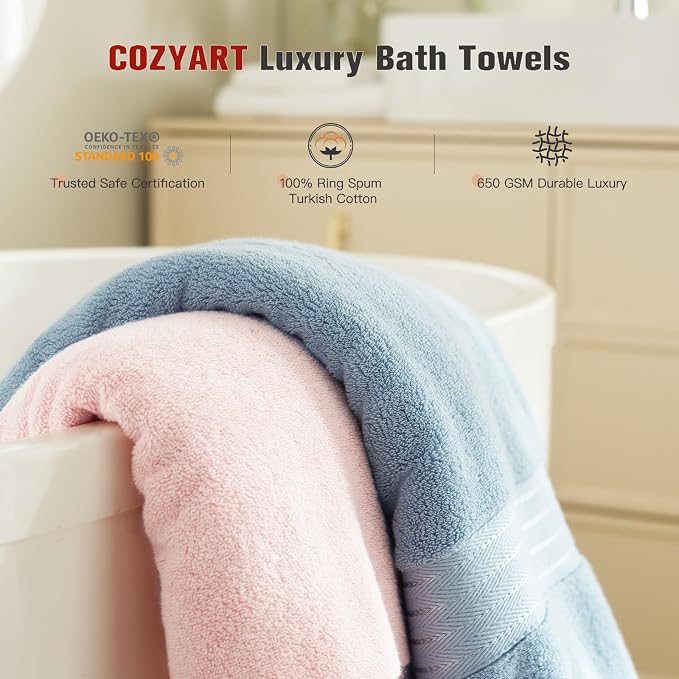 COZYART Luxury Bath Towels 4 PCS, 650 GSM Turkish Cotton, Pink+Light Blue | 27x54, Zero Twist 100% Ring Spun Cotton, Fluffy, Ultra Soft, Super Absorbent, Quick Dry Towels for Hotel Spa Bathroom Shower