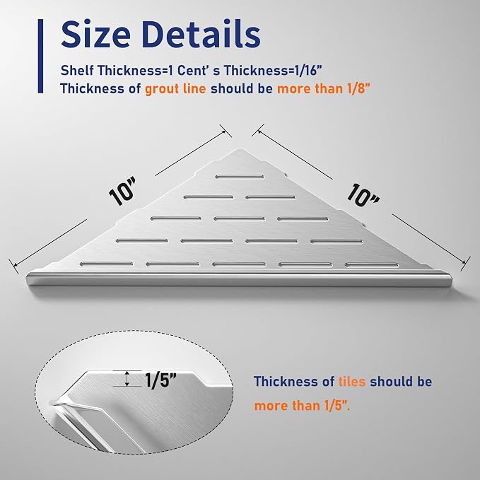 Corner Shower Shelf 10" Brushed | 304 Stainless Steel, Slot Design, Recessed Corner Shelf Bathroom Grout in Shelf for Tiled Wall