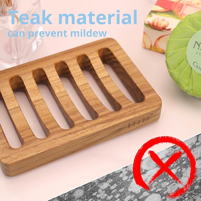 HTB 2 Pack Slotted Bar Soap Holder Teak Wood,Sponge Holder for Kitchen Sink | Self Draining Soap Dish for Shower, Bathroom, Bathtub, RV,Soap Saver Keep Soap Dry,Extend Soap Life,Bathroom Accessories
