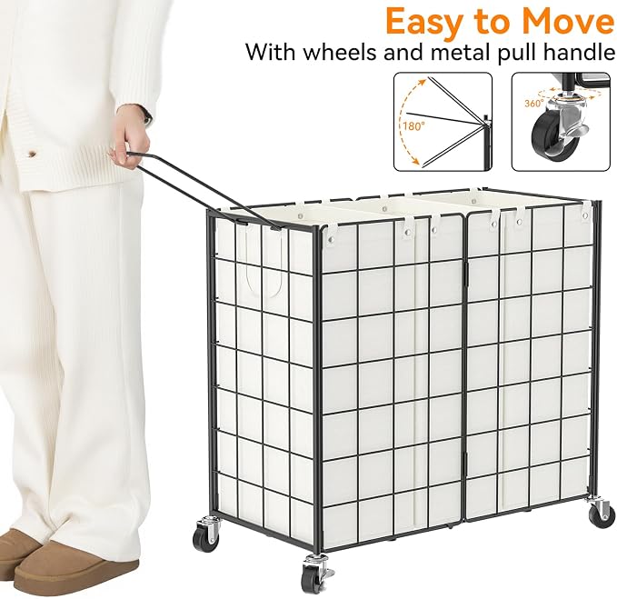 WOWLIVE Laundry Basket 3 Section with Wheels, Metal Rolling Laundry Hamper | Wire Frame Dirty Laundry Organizer with Removable Bags, 150L Clothes Hamper for Dorm Room Storage, College, Black and White