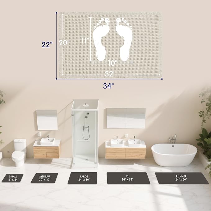 SUBRTEX Waffle Braided Bath Mat, 20" x 32" Soft Waffle Bath Rugs, Absorbent Non Slip Bathrooom Mats, Machine Washable Area Rug for Bathroom, Quick Dry, White