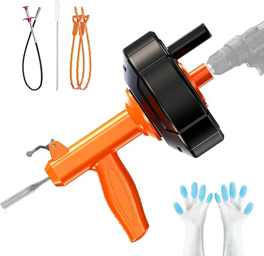 Drain Snake, Auto Feed Plumbing Snake with Drill Attachment, 25 Feet Flexible Drain Auger Tool Set Included Drain Clog Remover, Hair Clog Remover ＆ Cleaning Brush | for Kitchen, Bathroom and Shower Sink with Gloves