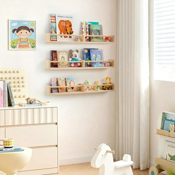 32 Inch Floating Shelf with Wooden Bead Design - Solid Pine Wall Mounted Bookshelf, Child-Safe Nursery Storage for Kids Room Decor, Set of 3(Pre-Strung Bead Strings)