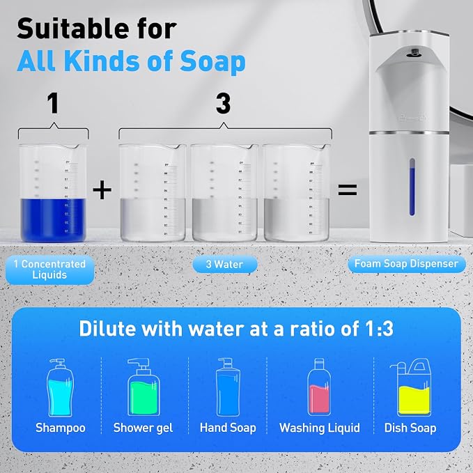 Fantictas Automatic Foam Soap Dispenser, 3 Levels for Kitchen and Bath | For Foaming Soap, 0.25s Foam Output, Type-C Charging, 90-day use, Wall Mountable, IPX5 Waterproof, 350ML, White Foam