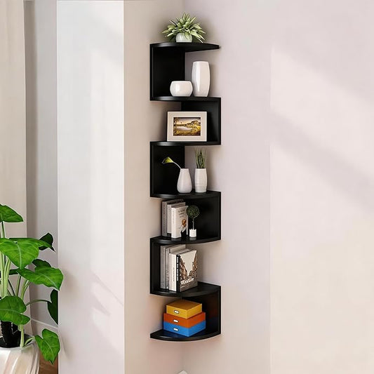 No-Drill Corner Shelf Wall Mount, 7-Tier Thickened Floating Bookshelf with Hooks, Space-Saving Zigzag Plant Shelf for Bedroom, Living Room, Bathroom, Home Office (Black)