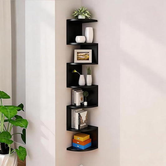 Corner Shelf Wall Mount, 7-Tier Floating Corner Bookshelf with Screw Mounting, Space-Saving Zigzag Plant Shelf for Bedroom, Living Room, Bathroom, Home Office, Black
