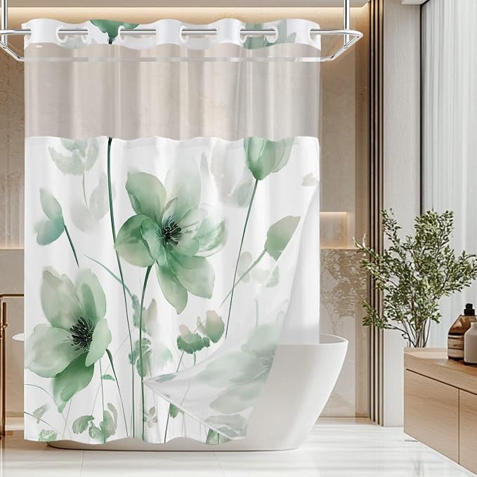 No Hook Shower Curtain and Liner Set, Green Boho Floral 71x84 | Watercolor Boho Flower, with Snap in Liner, Waterproof, Machine Washable, Quick-Drying, for Hotel Bathroom