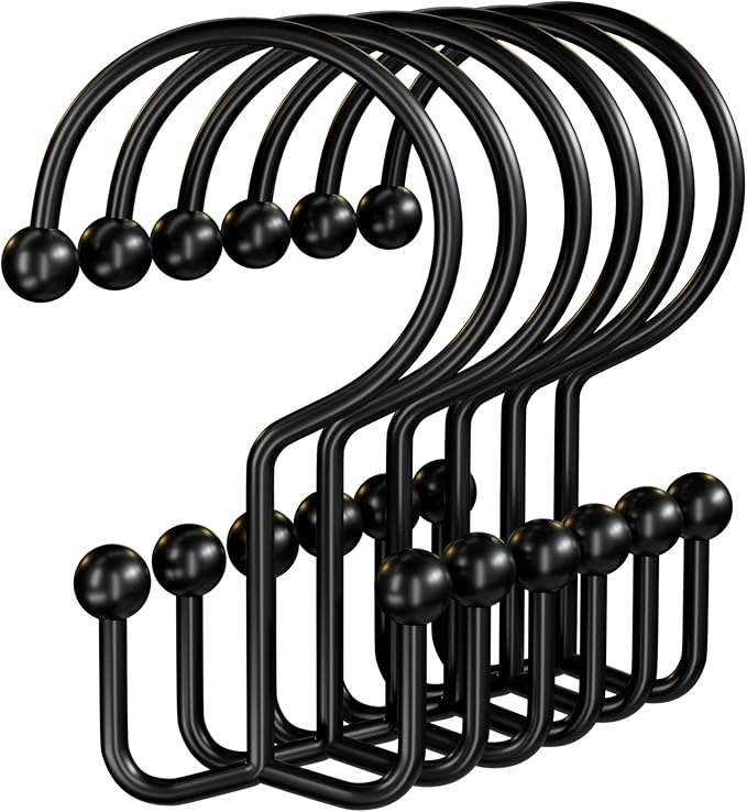 OEH 24 Pcs Shower Curtain Hooks, Metal Shower Curtain Rings, Black Shower Curtain Hooks Rust Proof, Double Shower Rings for Curtain, Easy Install Anti-Drop Shower Hooks for Shower Curtain, Black