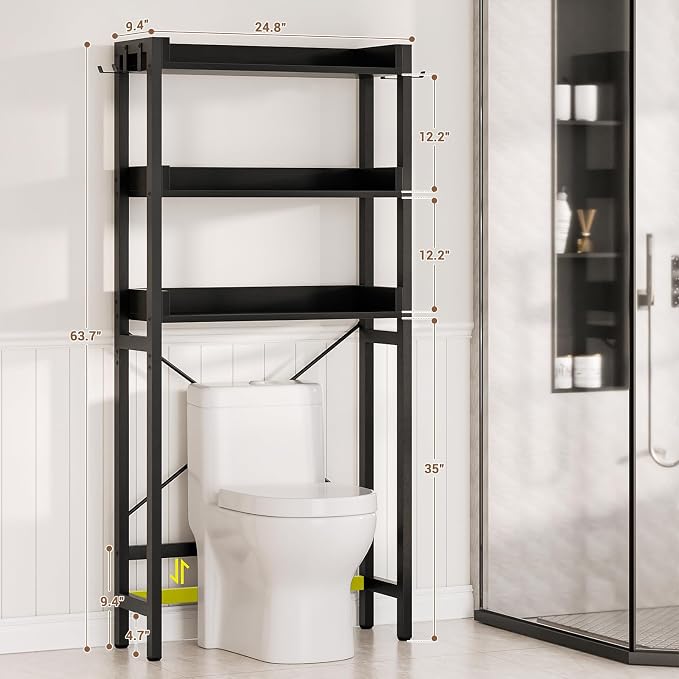 Besiost Over The Toilet Storage Rack - 3 Tier Bathroom Organizer with Shelves, Freestanding Space Saver Storage Rack Above Toilet Stand with 4 Hooks for Restroom, Laundry, Black