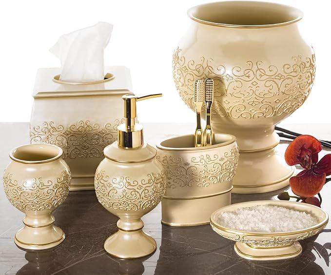 Shannon Beige with Gold 4 Piece Resin Bathroom Accessories Set | Includes Soap Dispenser, Toothbrush Holder, Tumbler Cup & Soap Dish