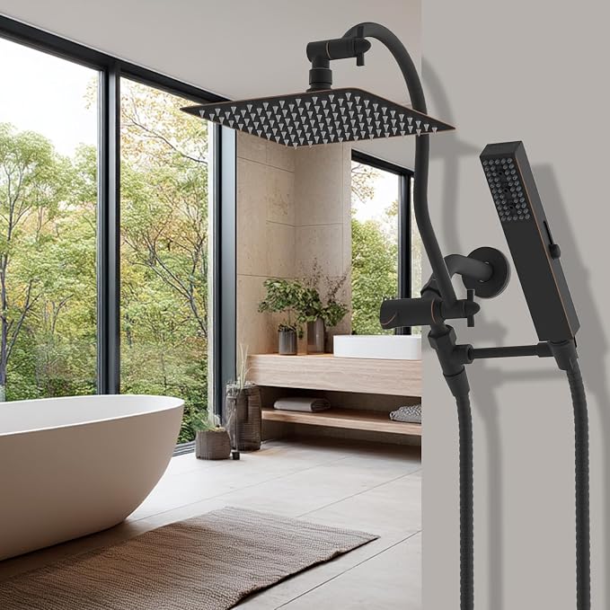 Hibbent All Metal cUPC Certified Shower Head, 8'' High Pressure Rainfall Showerhead Combo, Handheld Shower Wand, 12'' Adjustable Extension Arm, 4-Spray, 71'' Hose, Shower Holder, Oil Rubbed Bronze