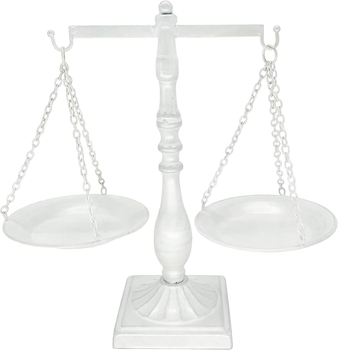 Owlgift Vintage Metal Libra Jewelry Towers Display Cosmetic Organizer Storage, Scale Centerpiece Stand, Antique Jewelry Storage, Farmhouse Candleholder Display – White, 12“ W x 12“ H