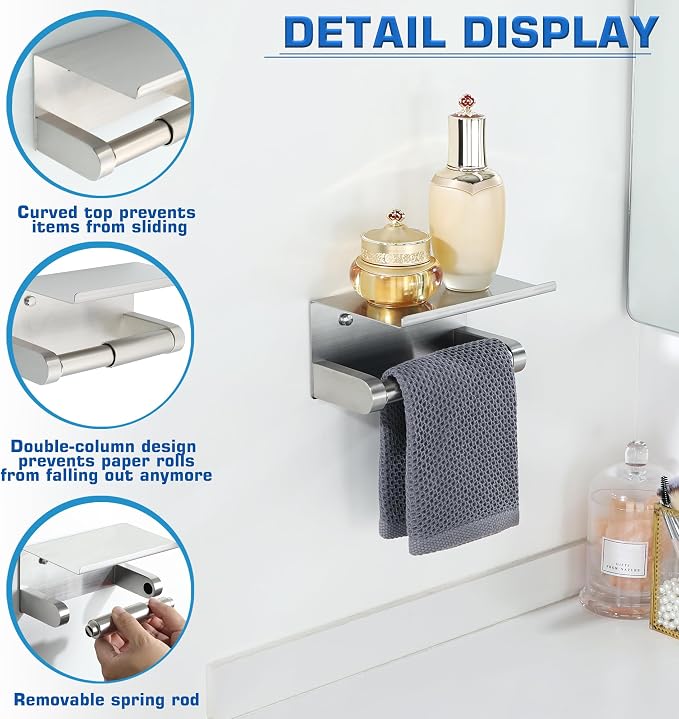 Alise Toilet Paper Holder with Shelf Wall Mount Adhesive or Drill,Brushed | SUS304 Stainless Steel Toilet Paper Roll Holder with Spring Loaded Anti-fall Tissue Holder Storage Dispenser,Rustproof