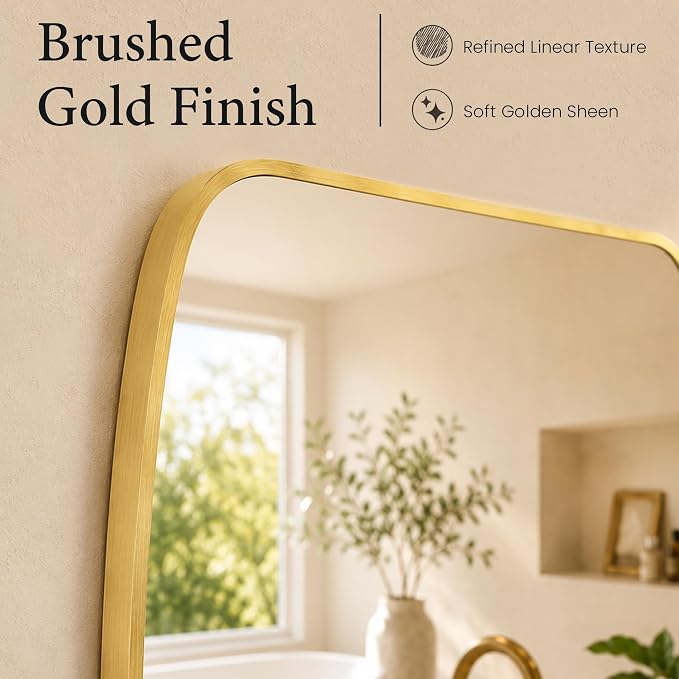 Brushed Gold Curved Rectangle Bathroom Mirror, 24x36 Inch | Aluminum alloy frame, tempered glass, two-way keyhole mount, for bedroom, dresser, hallway